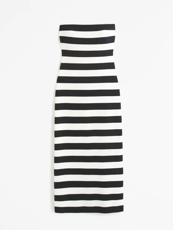 Abercrombie & Fitch Black and White Cream Strapless Striped Midi Dress Knit - Image 4