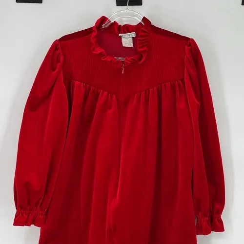 Vintage Red Velour Nightgown‎ Women Medium Quilted Ruffle Zip Long Sleeve Appel - Image 11