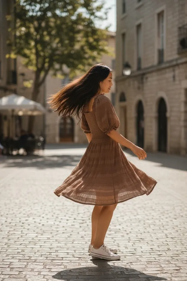 Free People Brown Textured Puff‑Sleeve Dress – Tie‑Back – Size S - Image 2