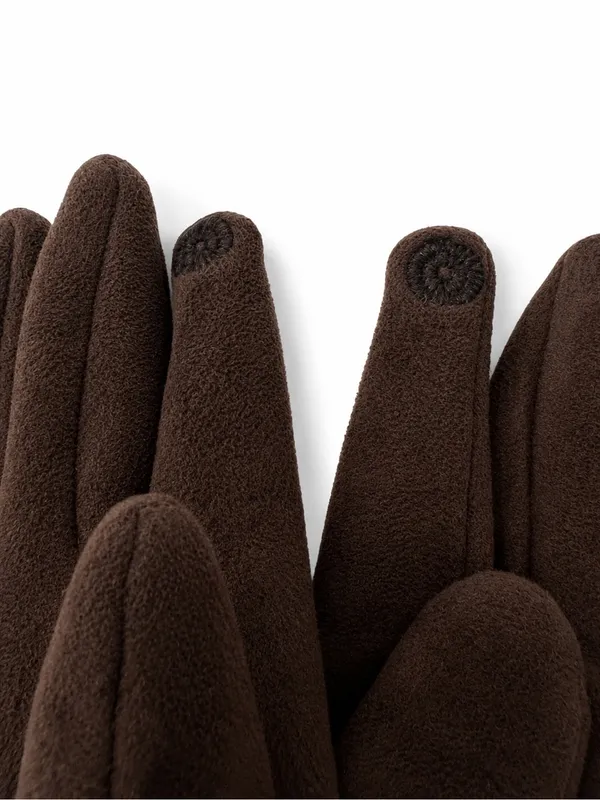 ONE SIZE Brown Faux Suede Fleece Lined Winter Gloves Button Cuff - Image 6
