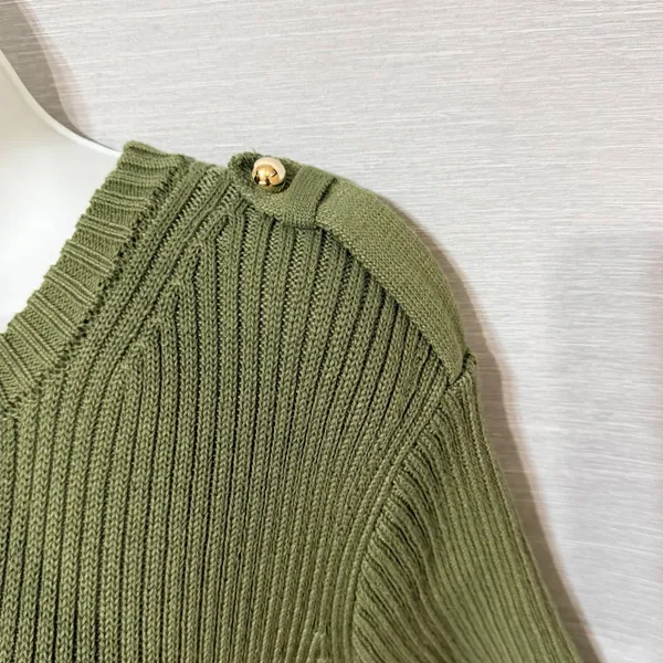 French Connection Olive Green Ribbed Military Sweater Dress Gold Button Mini L - Image 4