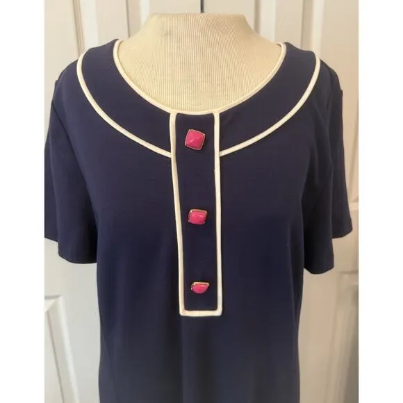 Lilly‎ Pulitzer Dress Sz XL Navy Blue Pink Buttons Shift Coastal Career *hemmed* - Image 3