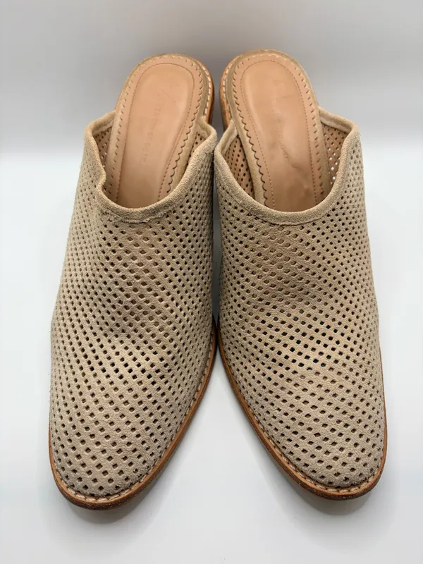 Anthropologie Blaire Suede Perforated Mules Size 10 Taupe Boho Western Block Heel - Image 3