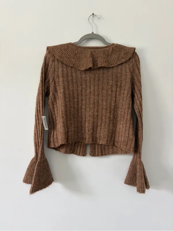 Old Navy Brown Wool Blend Ruffle Tie Front Bell Sleeve Cropped Knit Cardigan NWT - Image 7