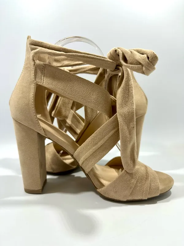 Wild Diva Natural Block Heel Sandals with Ankle Tie 8 Festival Neutral New - Image 2