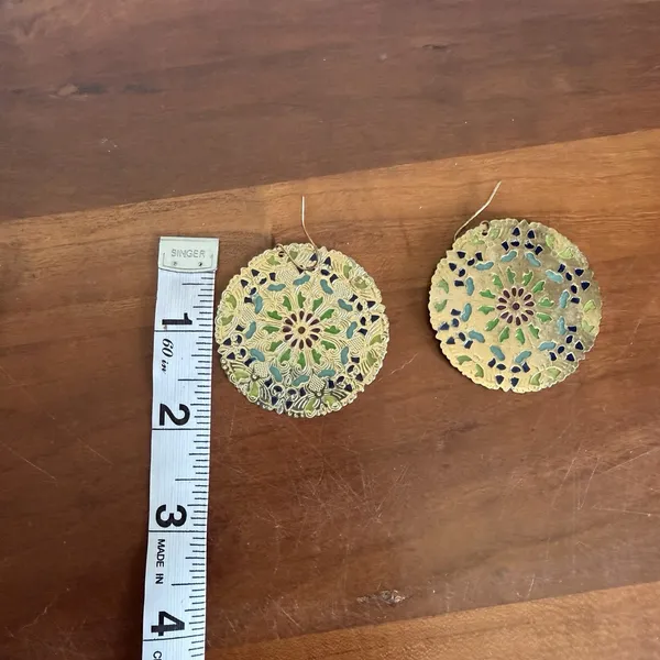 Gold Tone Metal Intricate Circular Filigree Design Colorful Enamel Earrings - Image 4