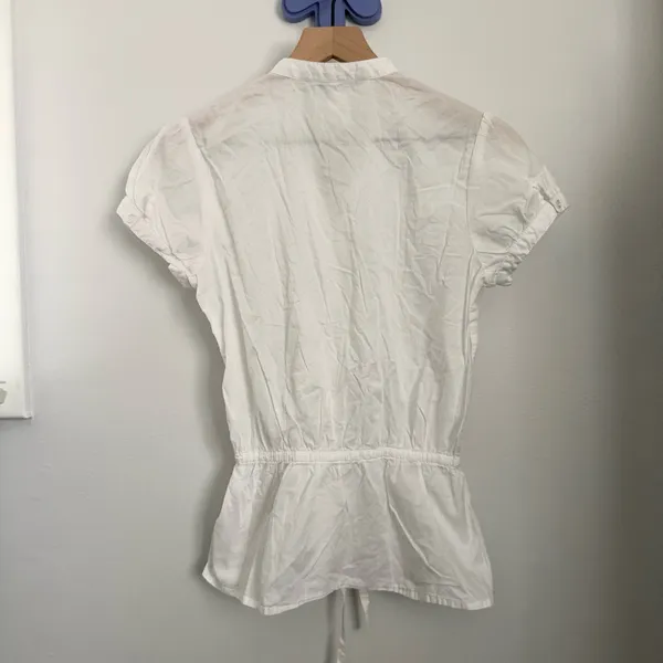 Y2K XS White‎ Sheer Drawstring Button Up Blouse V Neck Puff Short Sleeve Office - Image 3