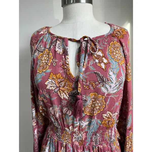 Knox Rose Boho Floral Smocked Maxi Dress‎ Pink Long Sleeve Peasant Size M - Image 5