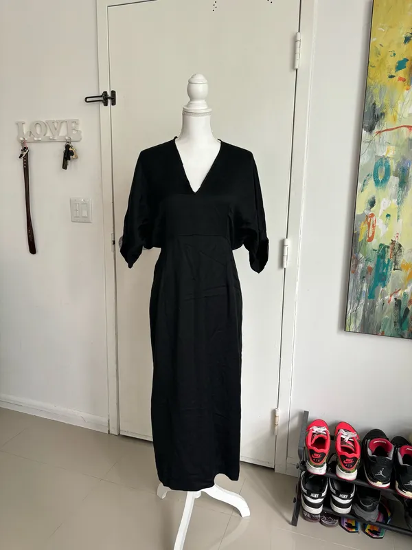 Massimo Dutti Black Midi Dress with Gold Neck Detail Size M - Image 6