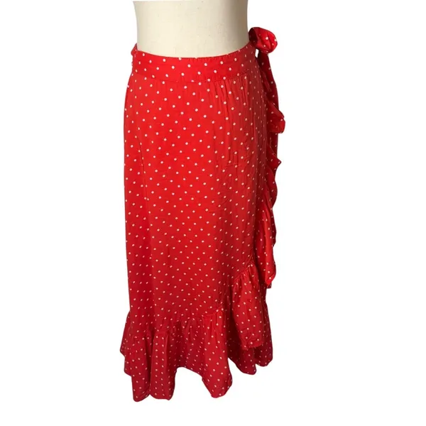 Draper James‎ Wrap Midi Skirt Women Medium Red Polka Dot Ruffle Trim Preppy Boho - Image 2