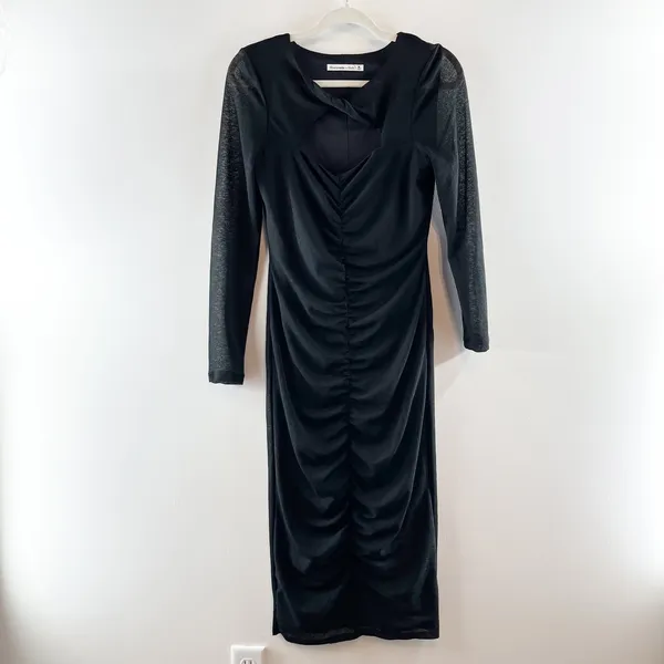 Abercrombie Long Sleeve Ruched Cutout Bodycon Midi Dress Black Medium - Image 4