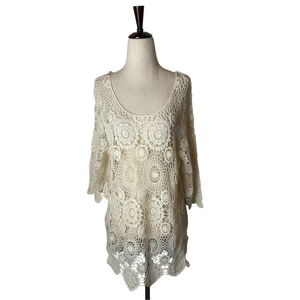 QED London Crochet Sweater Women Small Ivory Sheer Medallion Boho Coverup Hippie - Image 2