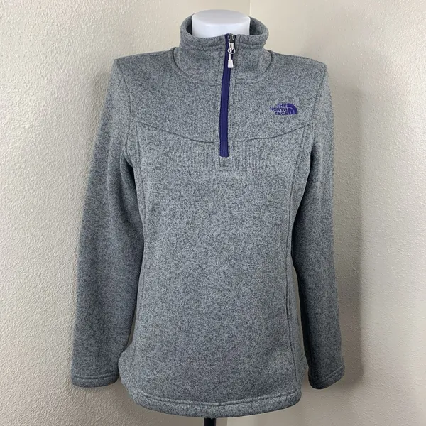 North Face Cresent Heathered Gray 1/4 Zip Women’s Sz M Pullover Purple Embroider - Image 3