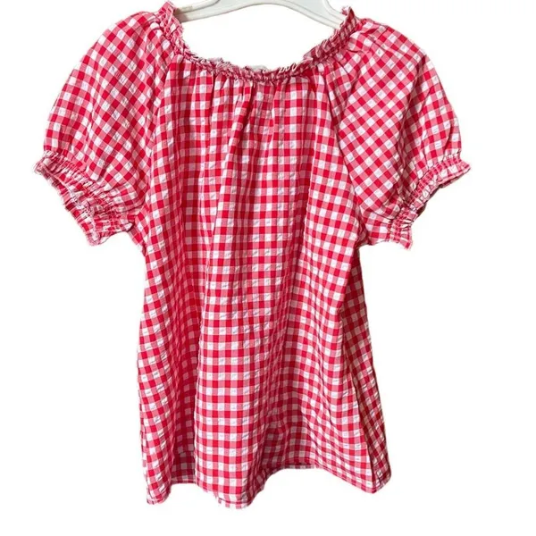 Belle Pogue size L seersucker checked puff sleeve top. Country farm life. - Image 3