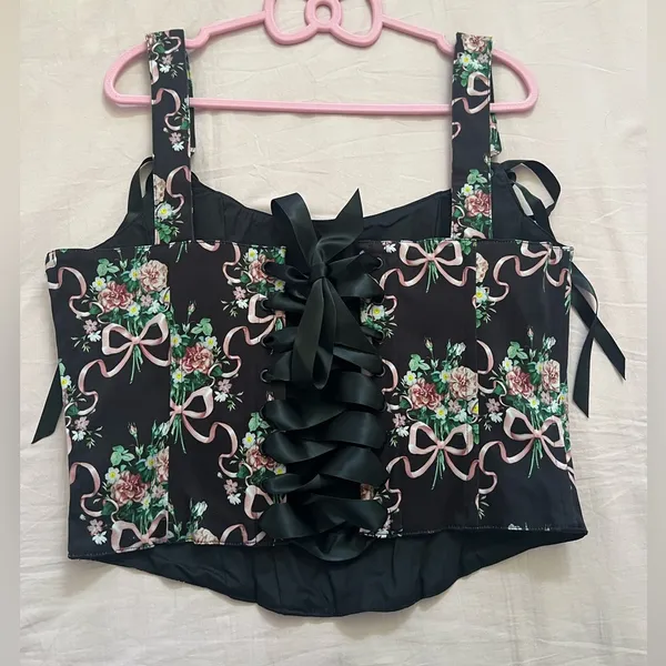 Dolls Kill Widow Floral Black and Pink Bow Corset Top - Image 3