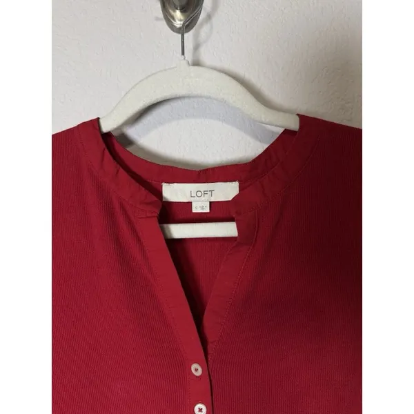 LOFT Women’s Ribbed Henley Red Plaid Mixed Media‎ Puff Shirred Ruffle Sleeves S - Image 11