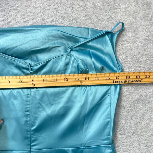 VENUS Teal Satin Slip Dress Size 8 Cowl Neck Adjustable‎ Straps Midi Slit Party - Image 9