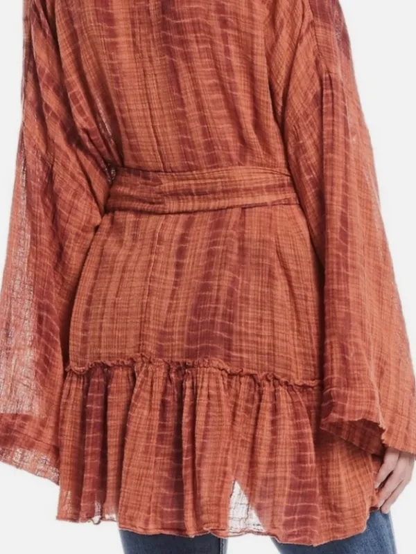 Free People FP One Sasha Kimono Gauze Belted Cardigan Boho Hippie Coral Purple - Image 7