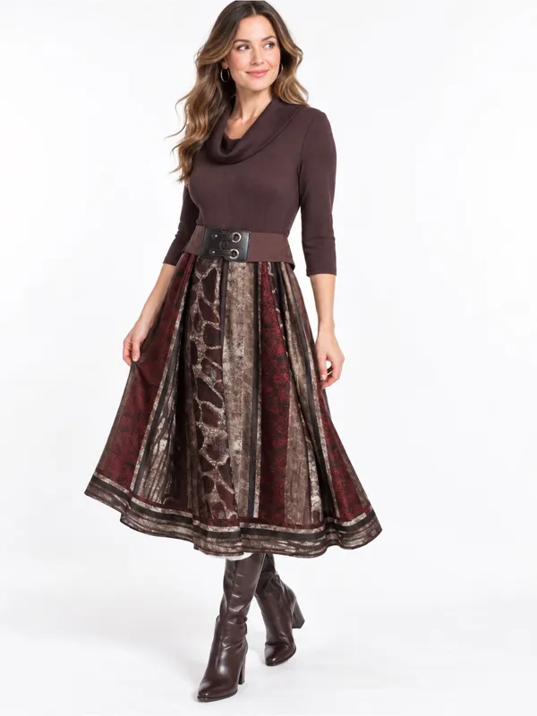 Vintage Y2K Robbie Bee Sm Brown Cowl Neck Belted Midi Dress Whimsigoth Bohemian - Image 4