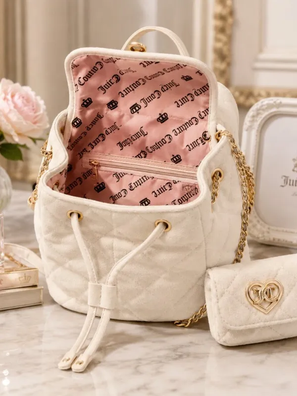 Juicy Couture Cream Velour 2-in-1 Backpack Crystal Heart NWT - Image 5