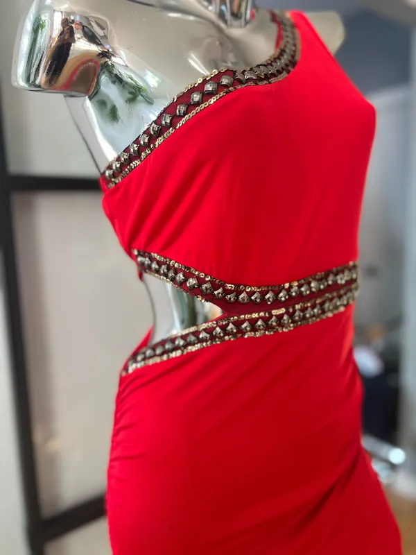 Bebe Red One-Shoulder Beaded Waist Cocktail Dressw - Image 2