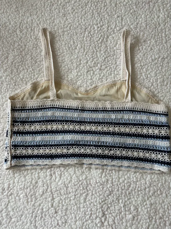Rebellion Boho Y2K Geometric Crochet Crop Tank Cami Top Blue Cream Size Small - Image 5