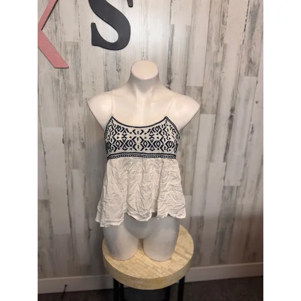 Sim & Sam Boho Embroidered Peplum Tank Top XS White Black Spaghetti Strap - Image 6