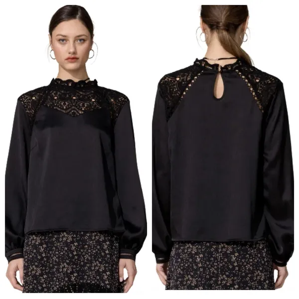 Miss Me Women’s Victorian Lace Black Satin Blouse Size Small - Image 2