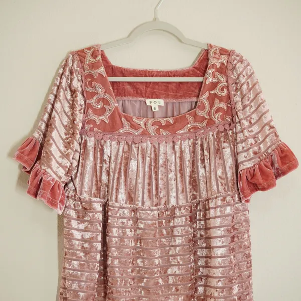 POL Size Small Pink Velvet Burnout Shirt Blouse Sequin Embroidered Ruffle Boho - Image 2