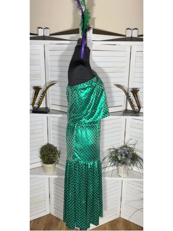 Vintage mermaid queen Halloween costume top bodysuit dress headband beaded L - Image 7