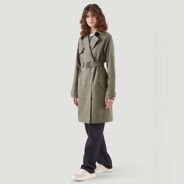 H&M Classic Belted Trench Coat Women's 6 Midi Twill Classic Jacket Olive Green - Image 2