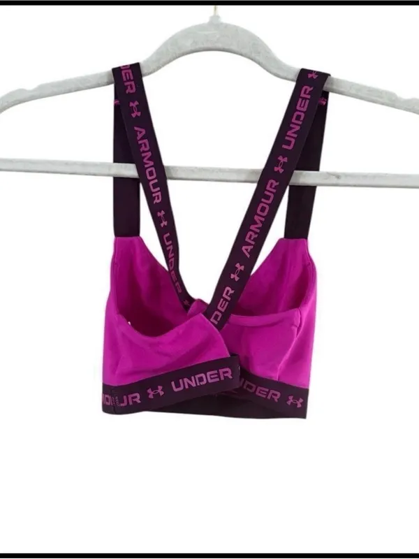 Under Armour Women's Bright Magenta Sports Bra with Black Logo Straps - Image 6