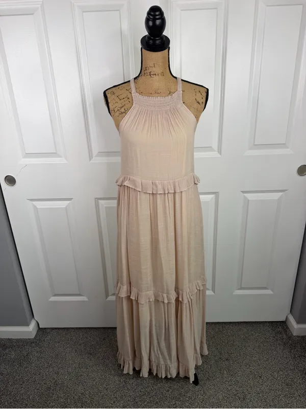 Listicle Size S Beige Ruffle Tiered Boho Maxi Dress Rayon Blend - Image 3
