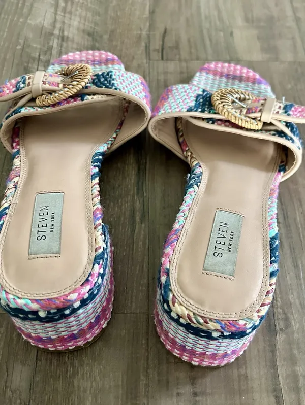 Steve Madden New York Blythe Sandal W/Buckle, Raffia Colorful Pattern Size 10 - Image 5