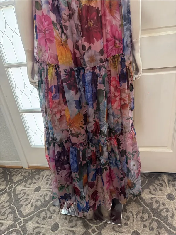 AUDREY PARKS+francesca's Floral Tiered Maxi Dress Tie Straps - Pink Multi S M - Image 10