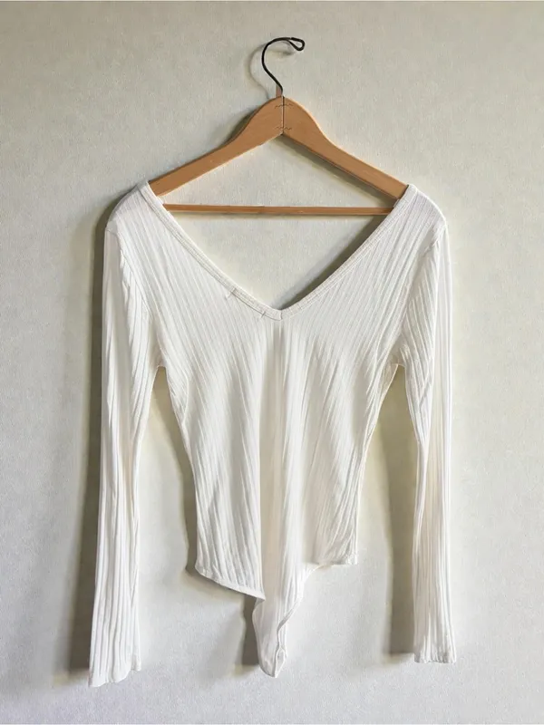 Altar'd State White‎ Ribbed V-Neck Long-Sleeve Bodysuit - Image 2