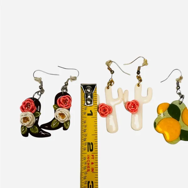 Artisan! Handmade Cowboy Boots /Cactus Rose / Lemon Clay Hook Earrings 3 Pair - Image 5