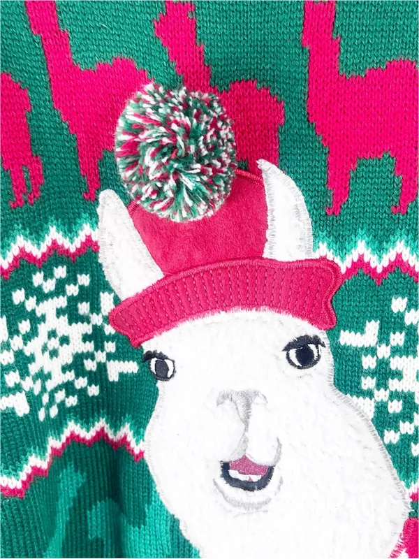 33 DEGREES Llama Scarf Pom Pom Hat Graphic Unisex Christmas Sweater Size Large - Image 6