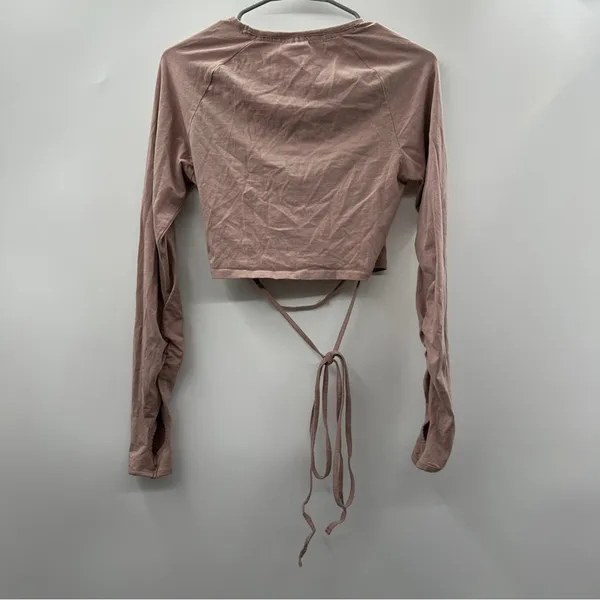Gymshark Pink Beige Cropped Ruched Tie Up Ribbon Long Sleeve Top‎ Size M - Image 6