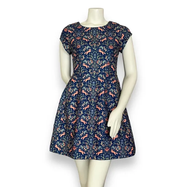 Pink Martini Dress Fox Print Blue Floral A-Line Lined‎ Small Women Cap Sleeves - Image 3