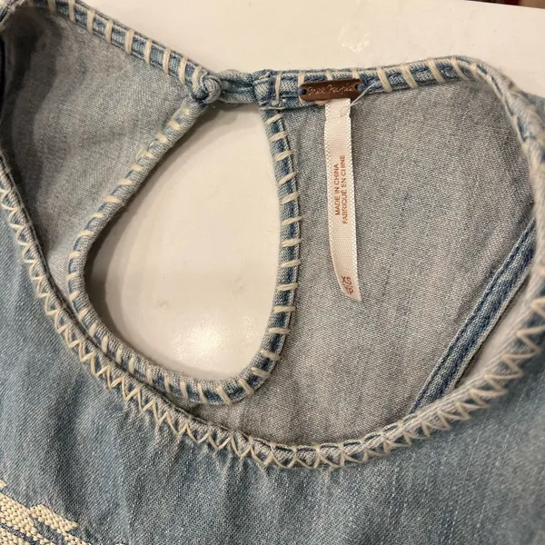 Free People Embroidered Chambray Denim Mini Dress | Size XS | Aztec Racerback - Image 7
