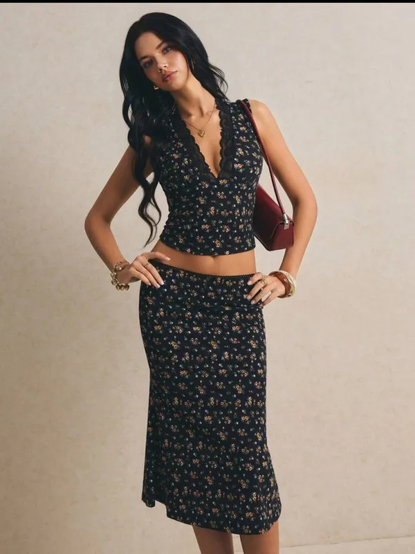 Floral 90’s Black two piece Midi Skirt - Women's New - Image 3