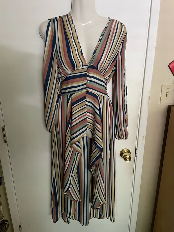 Penelope Asymmetric Stripe Long Sleeve Linen and Silk Shirtdress, featuring a V-neckline - Image 2