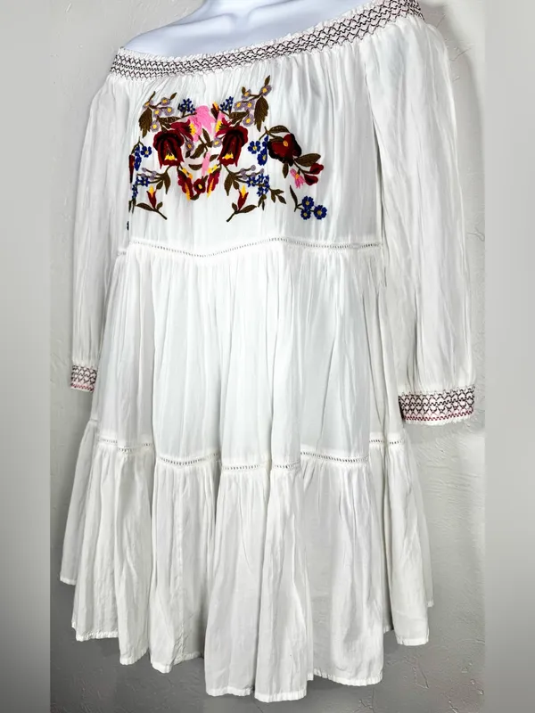 Free People White Off-Shoulder Embroidered Mini Dress Size XS - Image 6
