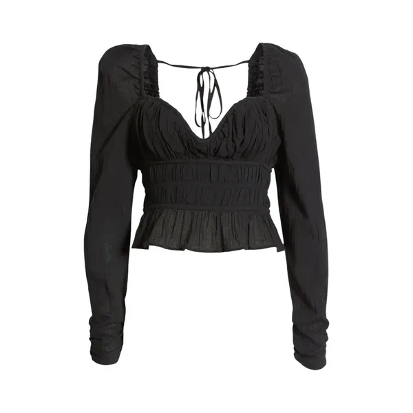 Free People Medium Top Chloe Long Sleeve‎ Smocked Black Regency Romantic 1296 - Image 2