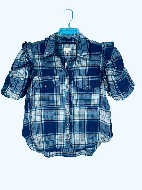 Pilcro Anthropologie Plaid Puff Short Sleeve Blouse - Image 6