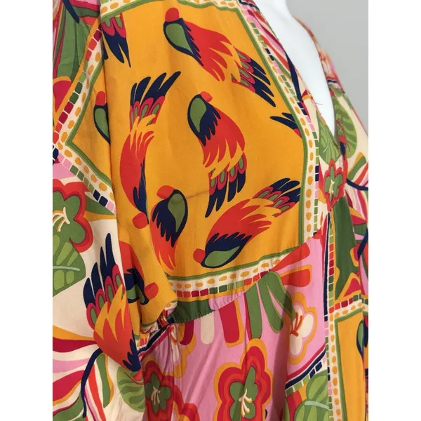 Tropical Patchwork Parrot Mini Dress Boho Resort Farm Rio Style Swim Cover S - Image 8