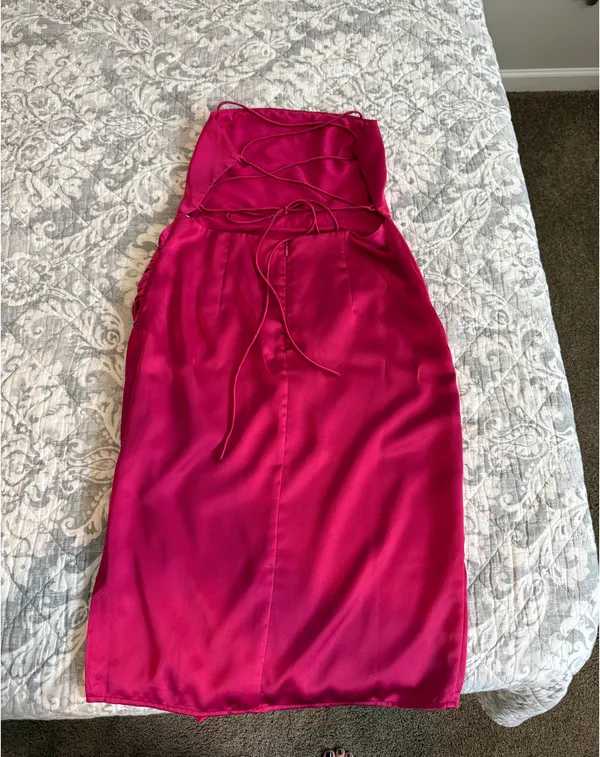 Lulus Always Luminous Magenta Satin Ruched Lace-up Dress - Image 4