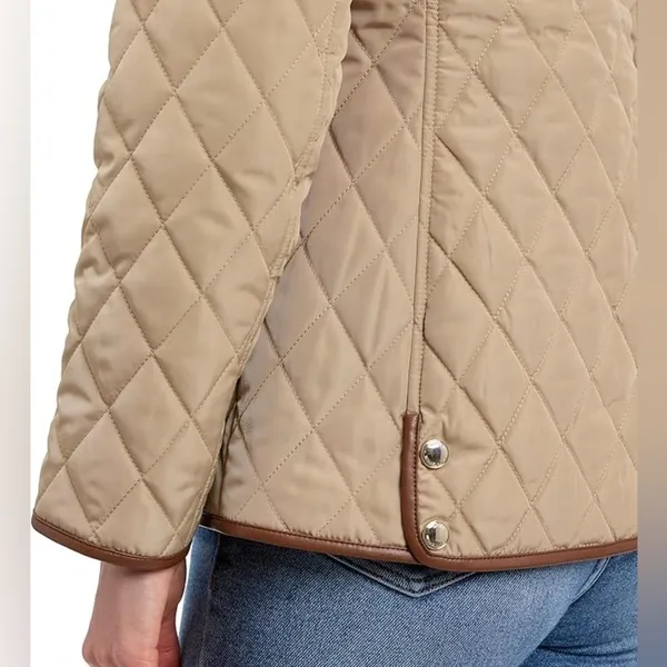 Michael Kors Quilted Jacket Tan Brown Trim Gold Zip Snap Coat Small - Image 10