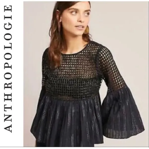 Anthropologie Maeve black beaded bell sleeve top size 2 - Image 11